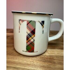 Pottery Barn Tartan Plaid Letter T Monogram Inital Mug 2017 Retired Gold Classic